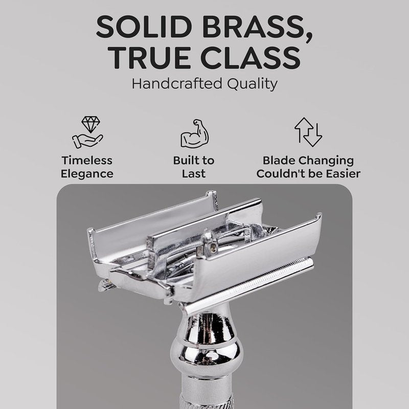 Parker 99R Chrome Long Handle Heavyweight Butterfly Open Double Edge Safety Razor for Men | 5 Parker Premium Platinum Double Edge Razor Blades Included | Iconic Brand