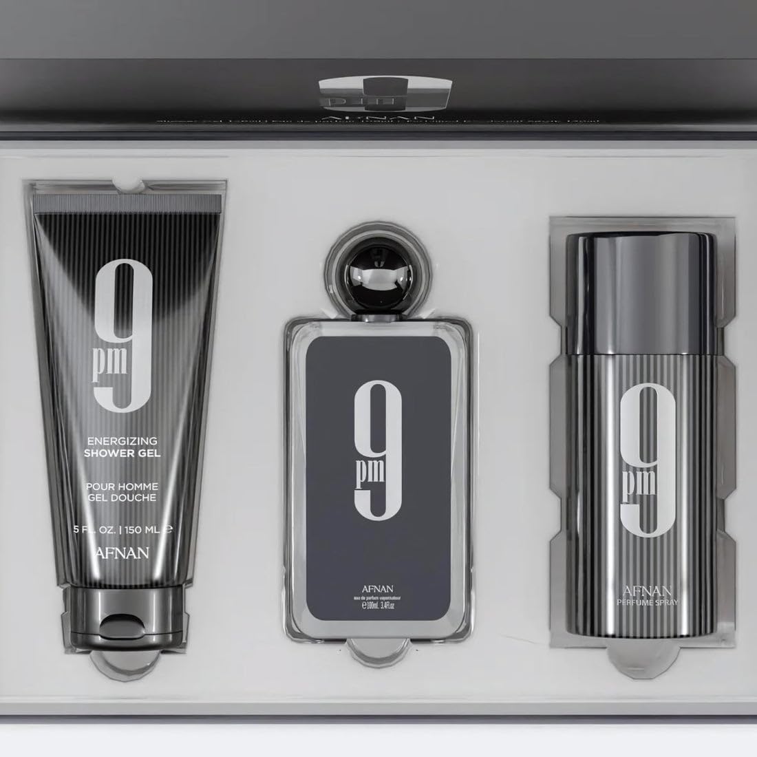 Afnan 9 Pm 3 Piece Set for Men, (3.4 Oz De Parfum Eau De Parfum Spray + 5.0 Oz Shower Gel + 5.0 Oz Perfume Deodorant)