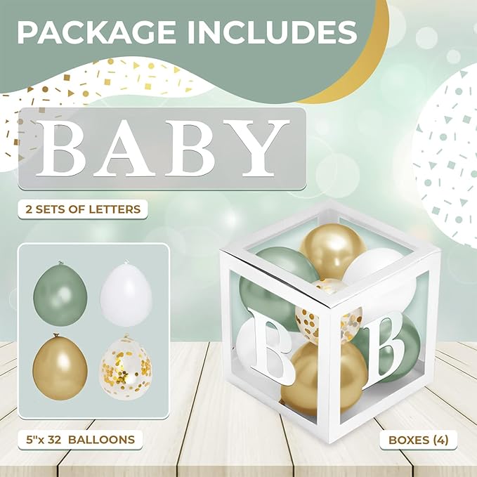 Baby Shower Boxes with Letters – White Boxes with Sage-Green, Gold, Gold Confetti, and White Balloons – 44-Piece Gender Reveal & Party Decoration Set by Vellax