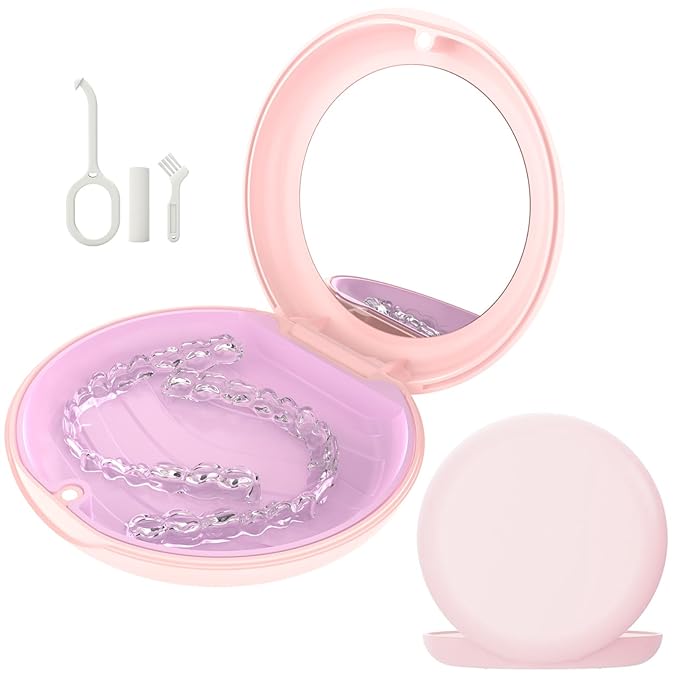 Retainer Case with Mirror, Compatible with Invisalign, Cute Slim Orthodontic Aligner Case with Silicone Pad, Pink