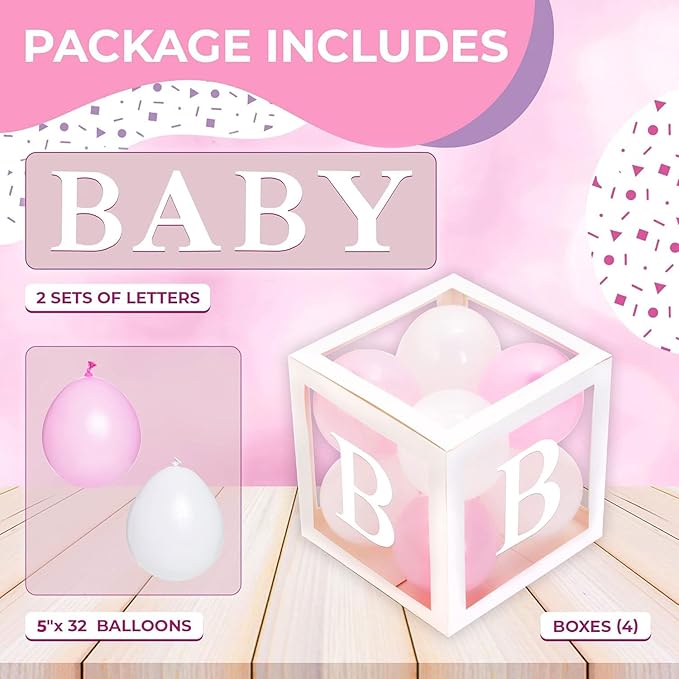 Baby Shower Boxes with Letters – White Boxes with Pink & White Balloons – 44-Piece Gender Reveal & Party Decoration Set by Vellax-Piece Gender Reveal & Party Decoration Set by Vellax