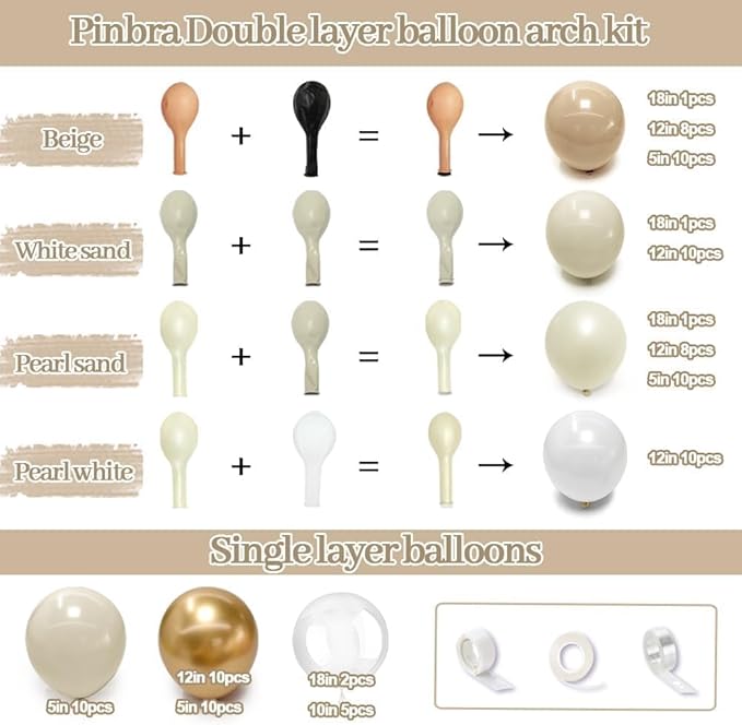 White Sand Gold Balloon Garland, Double Stuffed Pearl White Gold Cream Beige Balloons Clear Bobo Latex Balloon Arch Kit for Wedding Bridal Shower Birthday Baby Shower Gender Reveal Party Decorations
