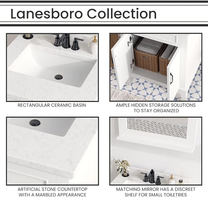 Hanover Lanesboro 24'' Vanity Cabinet with Sink Combo for Bathroom, Powder Room | Pre-Assembled Cabinet | 2 Doors | Accent Mirror | Artificial Stone Countertop, White Cabinet | HANVN0105-24-0WH