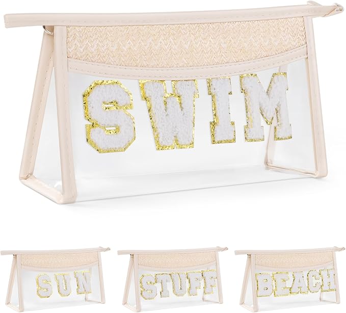 Etercycle Clear Makeup Bag SWIM Pouch, Small Boho Straw Travel Beach Bag with Zipper, Waterproof Chenille Letter Cosmetic Bag Trendy Organizer Storage Bag for Beach Travel Essentials