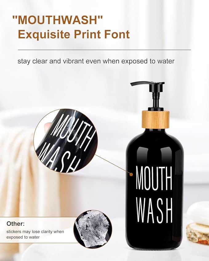 Pump Mouthwash Dispenser, Glass Mouthwash Container for Bathroom Countertop, Mouth Wash Bottle Decanter, Black, Printed Font
