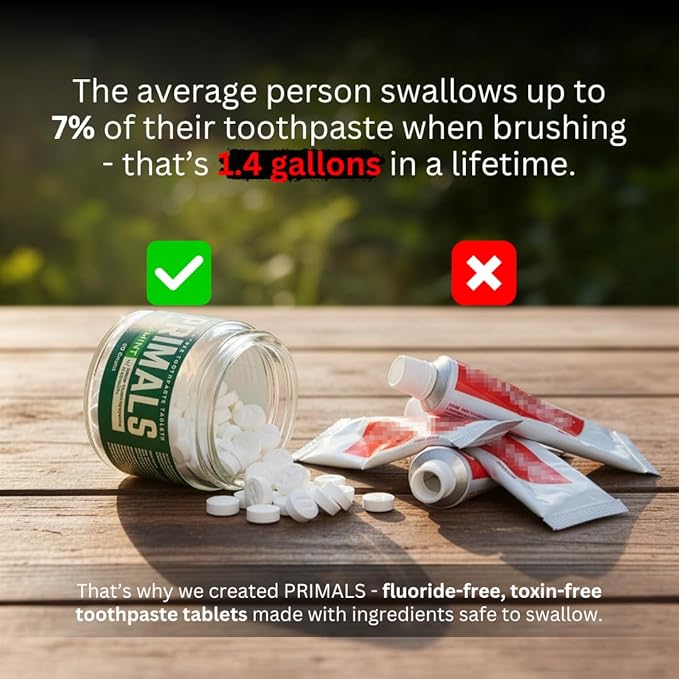 PRIMALS Fluoride-Free Toothpaste Tablets - Nano Hydroxyapatite - Zero Artificial Flavors or Plastic - Remineralizes & Whitens Teeth - 60 Count (1 Month Supply)