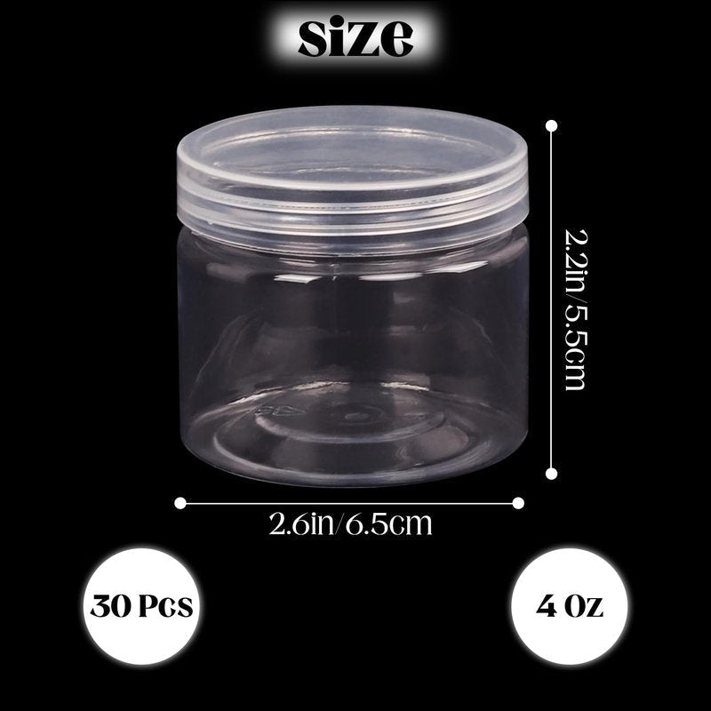 4oz Plastic Jars, 30 Pack Clear Slime Containers - Wide-Mouth Refillable Storage Jars for Cosmetics, Lotion & Food