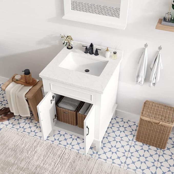 Hanover Lanesboro 24'' Vanity Cabinet with Sink Combo for Bathroom, Powder Room | Pre-Assembled Cabinet | 2 Doors | Accent Mirror | Artificial Stone Countertop, White Cabinet | HANVN0105-24-0WH