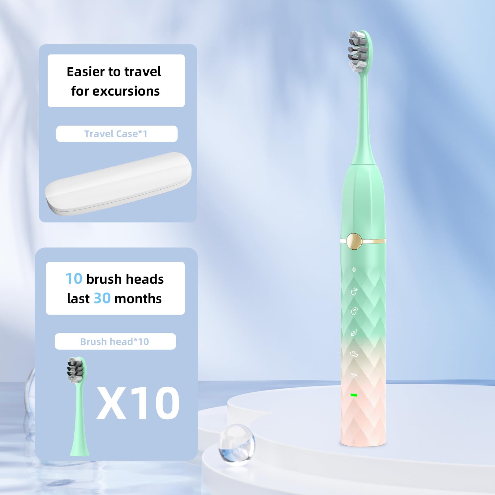 Sonic Electric Toothbrush Set, Equipped with 10 Brush Heads and Travel Case, IPX8 Waterproof, 2-Minute Timer, 42000 High-Frequency Vibrations, 5 Modes, The First Choice for Gift Giving, Green Pink