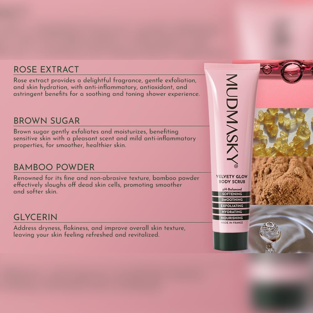 Mudmasky Velvety Glow Body Scrub 6.0 OZ. XXL-size - AS SEEN IN YOUR IPSY GLAM BAG - Exfoliating Bamboo Scrub. Made in France. No harsh chemicals. For Soft, Radiant Skin.