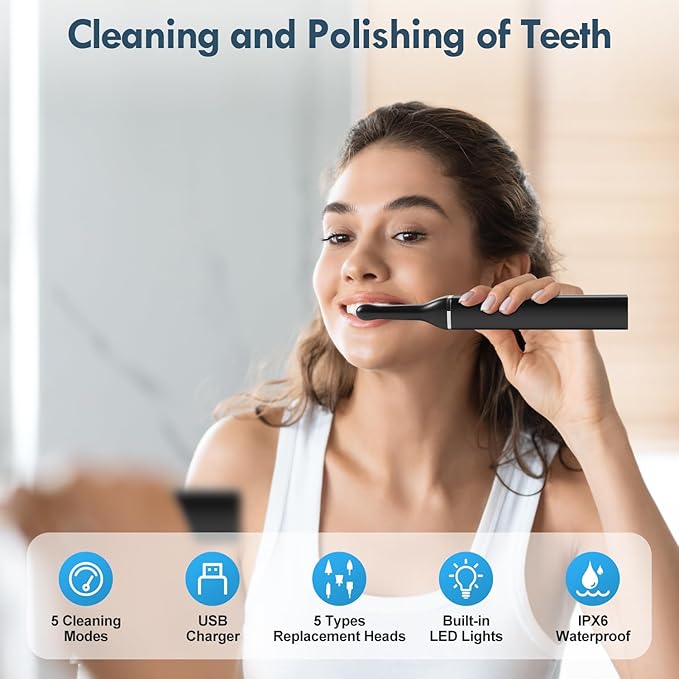 Tooth Polisher, Teeth Cleaning Kit with 5 Brush Heads, 3 Tooth Polish Paste, LED Light, IPX6, 5 Speed Modes, Rechargeable Professional Tooth Polishing Kit for Teeth Cleaning