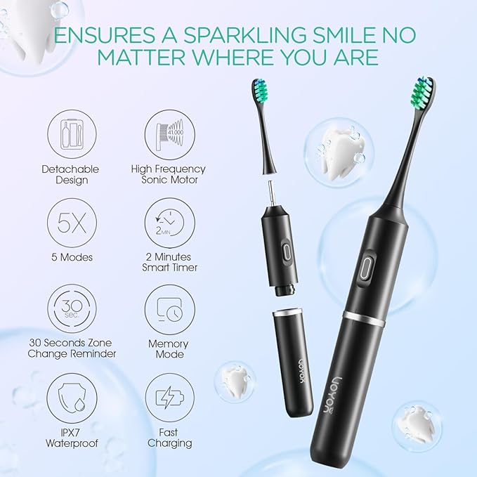 VOYOR-Health Travel Electric Toothbrush, Rechargeable Toothbrushes for Adults, Portable Sonic Toothbrush with 5 Modes, Three-Section Detachable Design with Travel Case ET410 (Black)