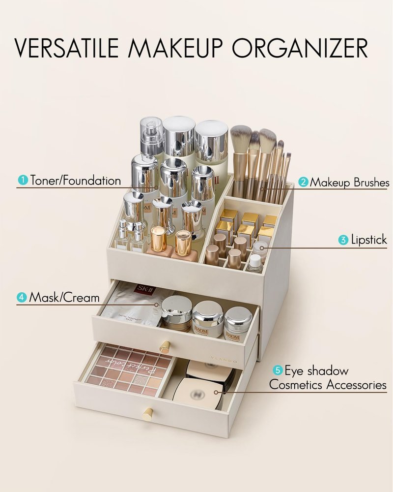 VLANDO Makeup Organizer for Vanity,Large Capacity Bathroom Counter Organizer with Drawers,PU Leather Skin Care Storage for Lipstick,Brushes,Perfumes (Beige)