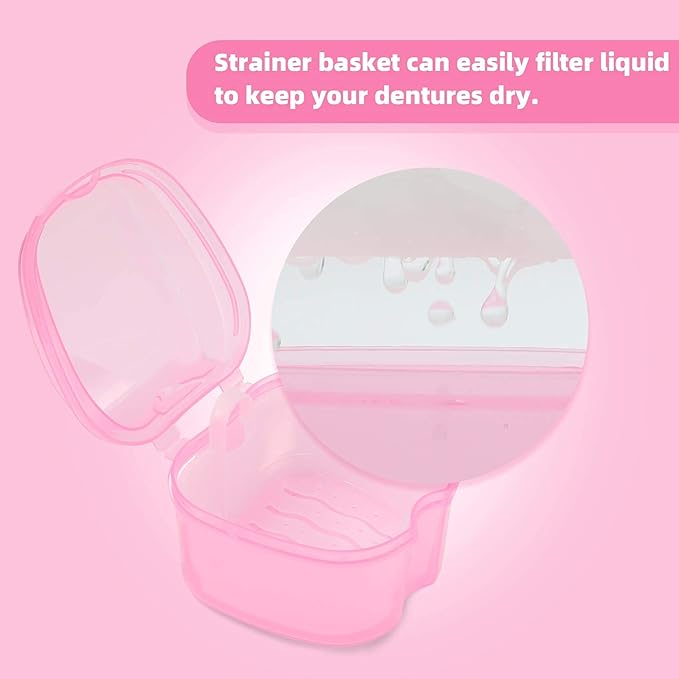 Dental Orthodontic Retainer Container Cleaning Case,Denture Bath Box Case Cup Holder, Mouthguard Storage Soaking Case - Pink