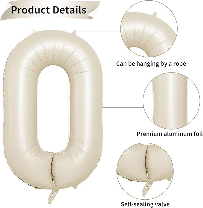 40 Inch Cream Number 0 Balloon, Beige Large 0-9 Birthday Balloons, Digital 0 Cream White Giant 0 Foil Balloon for Numbers 0/10/20/30/40/50/60/70/80/100 Year Old Birthday Anniversary Party Decorations