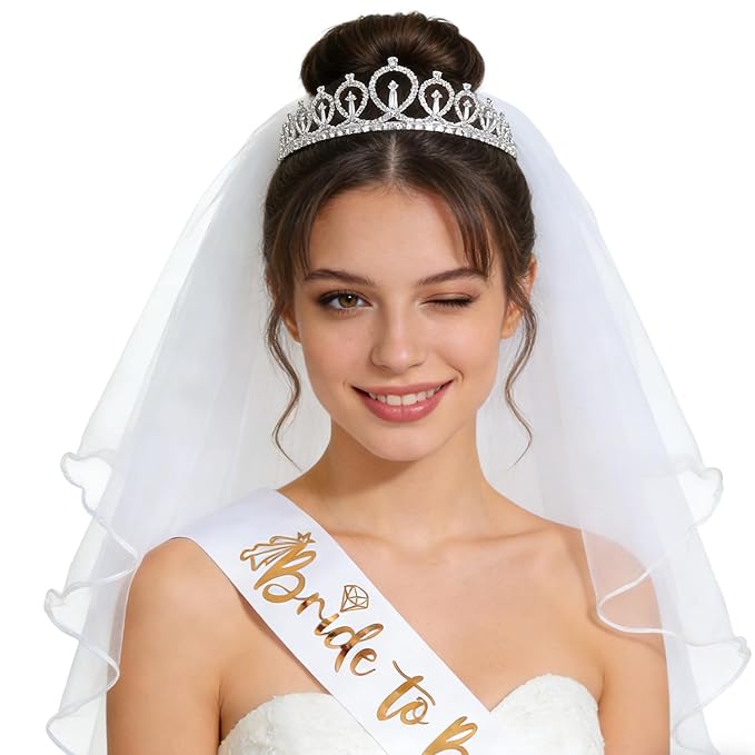 4 Pcs Bachelorette Party Decorations Bride & Groom to be Sash Tiara/Crown Veil Engagement Party Accessories Bridal Shower Gifts for Bride