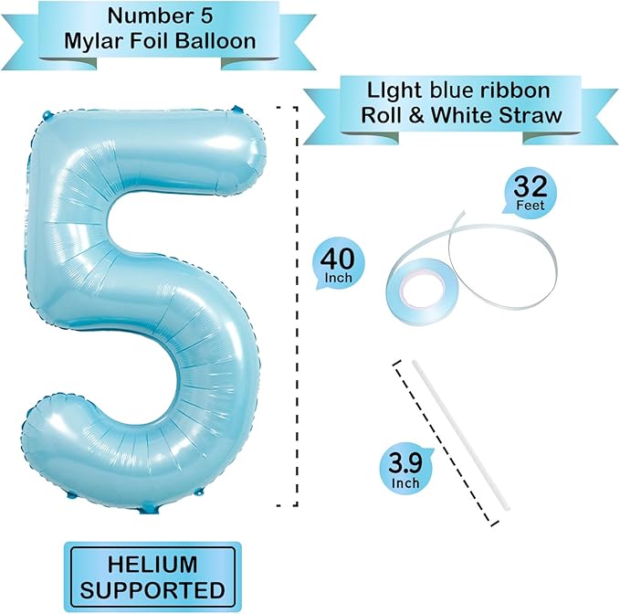 40 Inch light blue Number Balloons, Helium Mylar Foil Number Balloons for Birthdays, Number 5 Balloon for Party Decorations, Birthday Decorations, Wedding, Boy Baby Shower
