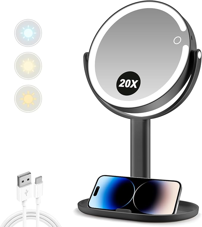 MIYADIVA Makeup Mirror with Lights,20X Magnifying Mirror with Light and Touch Switch,Vanity Mirror with 3 Color Light and 80 LEDs,2-Sided Lighted Magnified Mirrors 8.8 Inches, Black