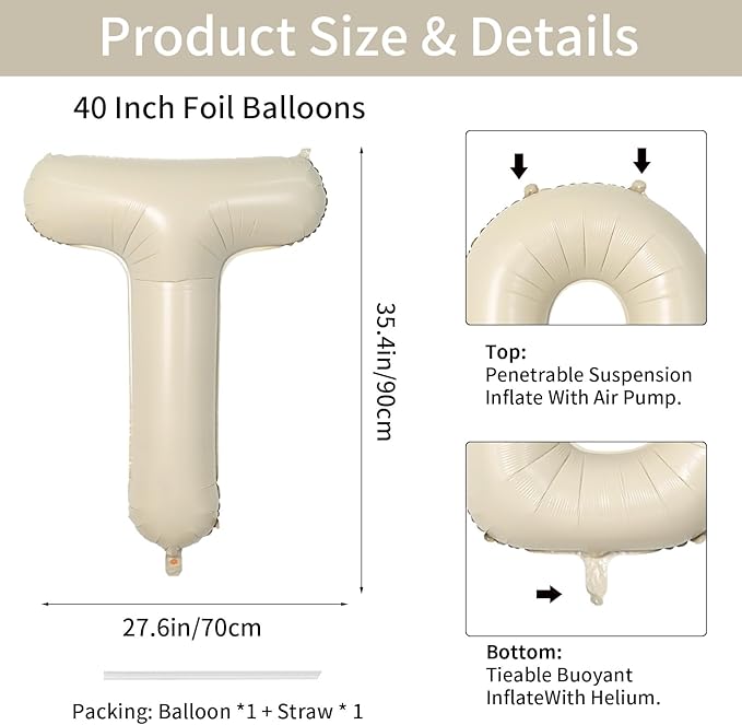 Biapian 40 Inch Giant Cream T Foil Balloons - Big Single Alphabet A-Z, Beige Large Aluminum Balloons for Birthday, Baby Shower, Wedding, Anniversary Party Decoration