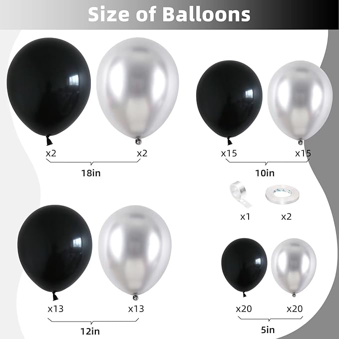 Black and Silver Balloon Garland Kit, Metallic Silver and Black Balloon Arch Kit, 100Pcs Chrome Silver Latex Black Balloons Different Sizes for Wedding Bridal Shower Birthday Graduation Party Supplies