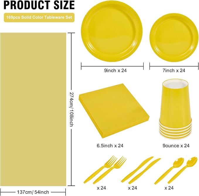 Ottin Yellow Party Supplies for 24 Guests 169PCS Disposable Paper Plates and Napkins Set with Cups, Forks, Knives, Spoons & Tablecloth – for Birthday Wedding Halloween Thanksgiving Christmas New Year