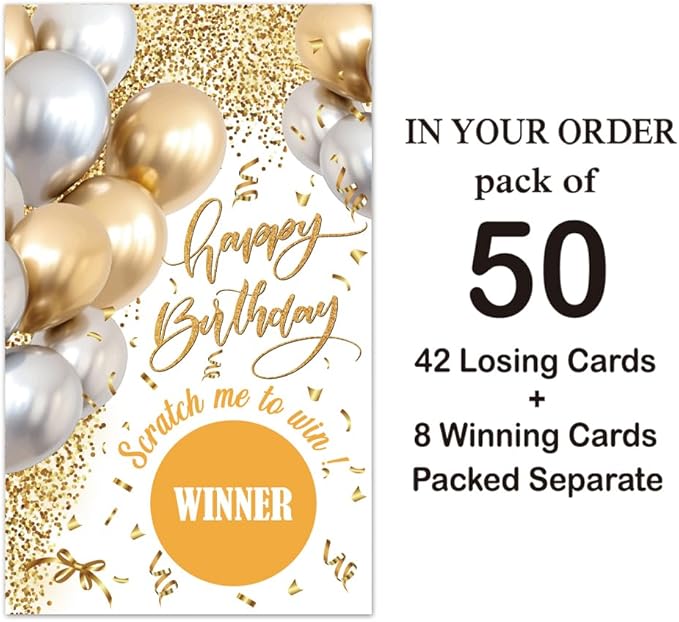 Haizct 50 Pack White Gold Birthday Party Scratch Off, Gold White Glitter Balloons Scratch Card for Birthday Partys Lottery Group Game Party Raffle Tickets, Bridal Shower Bachelor Game