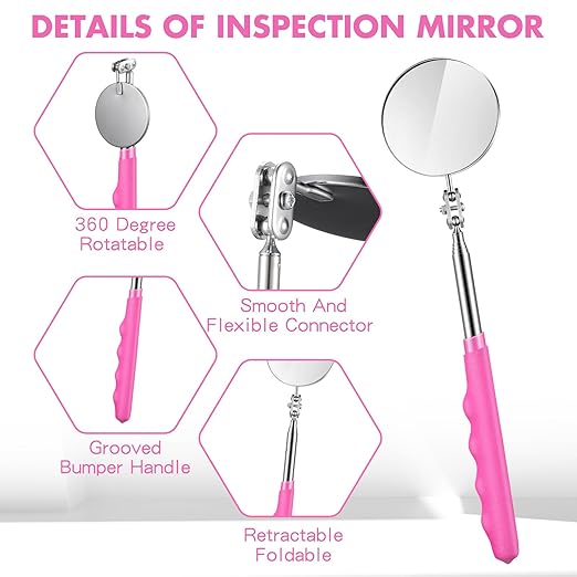 1 Pcs Telescoping Inspection Mirror Mechanics Automotive Tool with Long Handle Extendable Mirror on a Stick for Technicians Mechanics Contractors Checking Observation(Pink,Round)