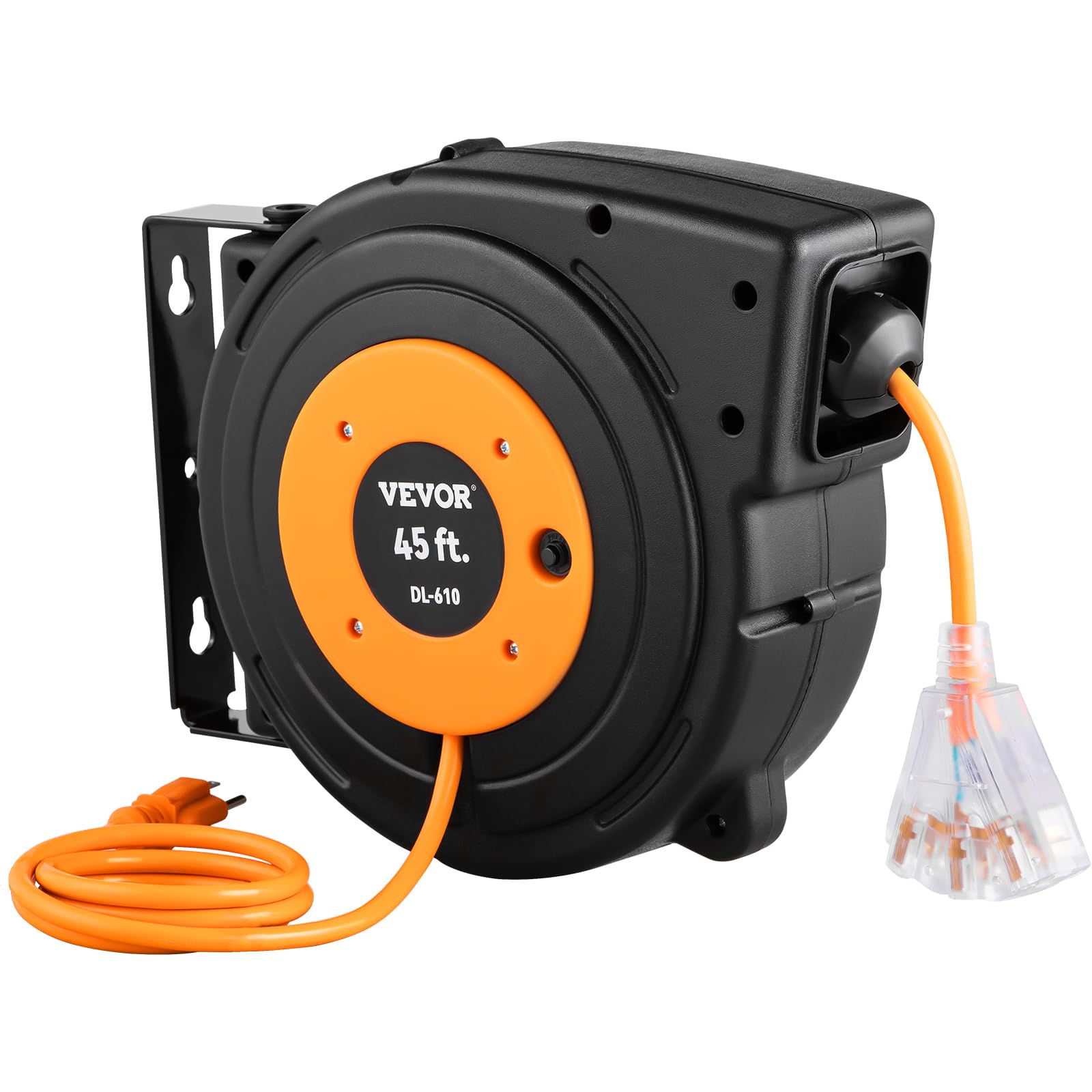VEVOR Retractable Extension Cord Reel, 45 FT, Heavy Duty 12AWG/3C SJTOW Power Cord, with Lighted Triple Tap Outlet, 15 Amp Circuit Breaker, 180° Swivel Bracket for Ceiling or Wall Mount
