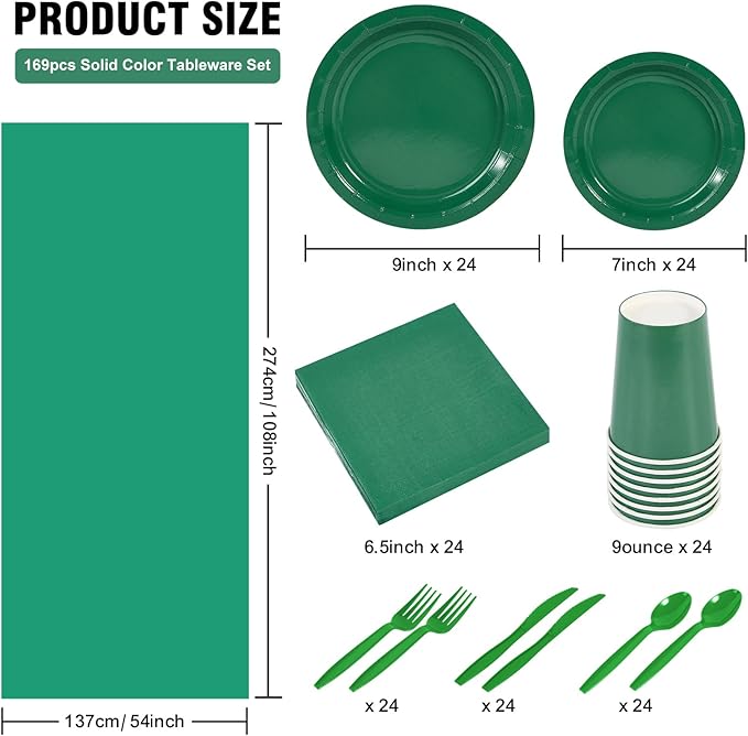 Ottin 169PCS Green Party Supplies for 24 Guests – Disposable Paper Plates, Napkins, Cups, Forks, Knives, Spoons & Tablecloth for Birthday, Wedding, Halloween, Thanksgiving, Christmas, and New Year