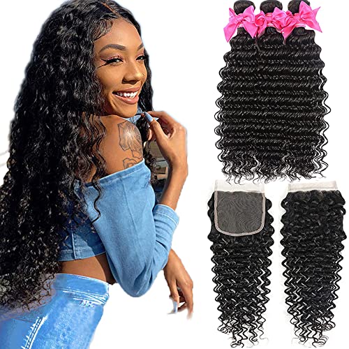 Aatifa Brazilian Virgin Deep Wave 3 Bundles with Closure 9A Grade Unprocessed Human Hair with 4x4 Lace Closure Free Part Natural Color, lace closure, (18/20/22+16 Inch)