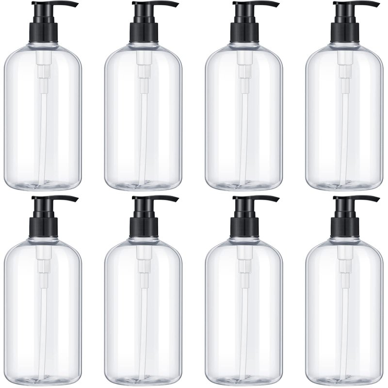Gandeer 8 Pcs Plastic Pump Bottles Empty Lotion Bottle with Pump Refillable Dish Soap Dispenser Portable Hand Soap Dispenser Shampoo Lotion Container for Oil Liquid Soap(Clear,16 oz)
