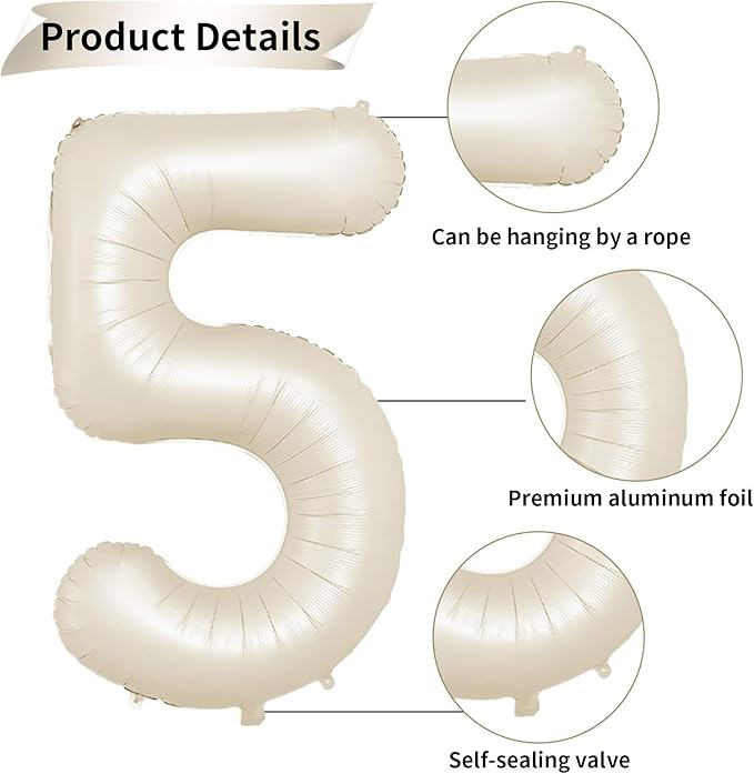 40 Inch Cream Number 5 Balloon, Beige Large 5th Birthday Balloons, Digital 5 Cream White Giant 5 Foil Balloon Helium for Boys Girls 5th Birthday Decorations Anniversary Baby Shower Party Supplies