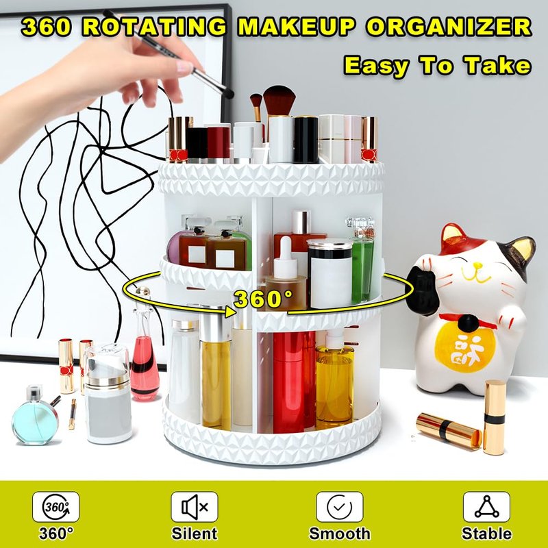 Famitree 360 Rotating Makeup Organizer, DIY Adjustable Makeup Carousel Spinning Holder Storage Rack, Large Capacity Vanity Organizer Skincare Organizers (White)