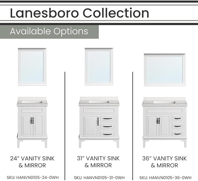 Hanover Lanesboro 24'' Vanity Cabinet with Sink Combo for Bathroom, Powder Room | Pre-Assembled Cabinet | 2 Doors | Accent Mirror | Artificial Stone Countertop, White Cabinet | HANVN0105-24-0WH