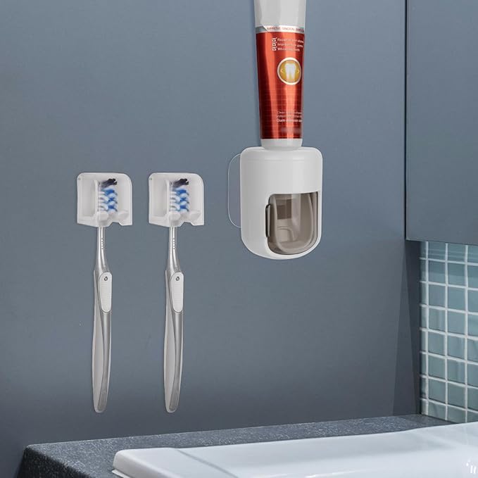 4 Pack Toothbrush Holder Wall Mounted with Cover for Bathroom, Mini Toothbrush Storage Organizer for Shower, Self Adhesive Toothbrush Hanger with Automatic Toothpaste Squeezer Dispenser