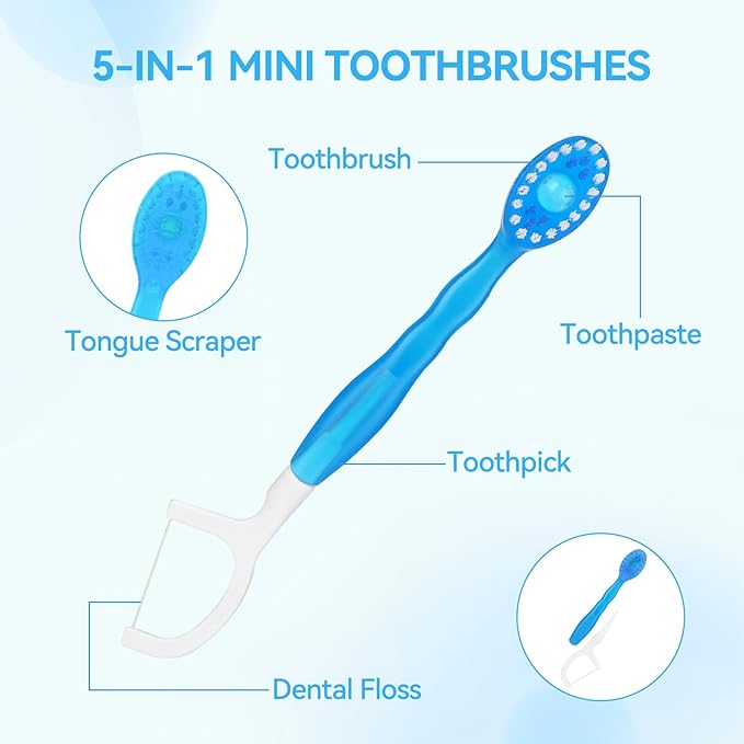 Erinde 5 in 1 Mini Disposable Toothbrushes with Toothpaste + Tongue Scraper + Picks + Floss Travel Case, Prepasted Travel Toothbrushes Pick for Work or Travel, Soft Brushes, 12 Count (Green Tea)
