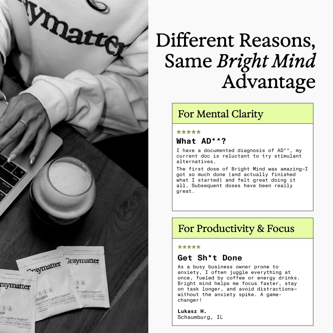 Graymatter Bright Mind Nootropic Powder (6 Travel Packets Variety Pack: Cacao, Tangerine, Strawberry Lemon) – Plant-Based Energy & Focus Drink Mix, Adaptogens & Vitamins, Sugar-Free Daily Supplement