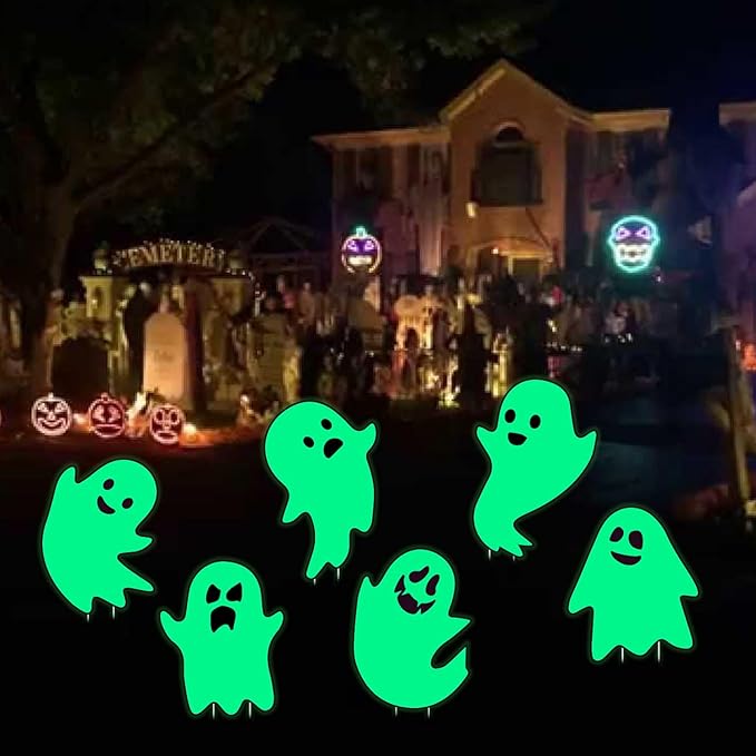 6Pcs Halloween Ghost Yard Stakes Glow in The Dark, 17"x12" Large Light Up Scary Ghost Decorations for Outdoor Lawn, Porch, Cemetery and Indoor Haunted House Displays, Waterproof and Easy Setup
