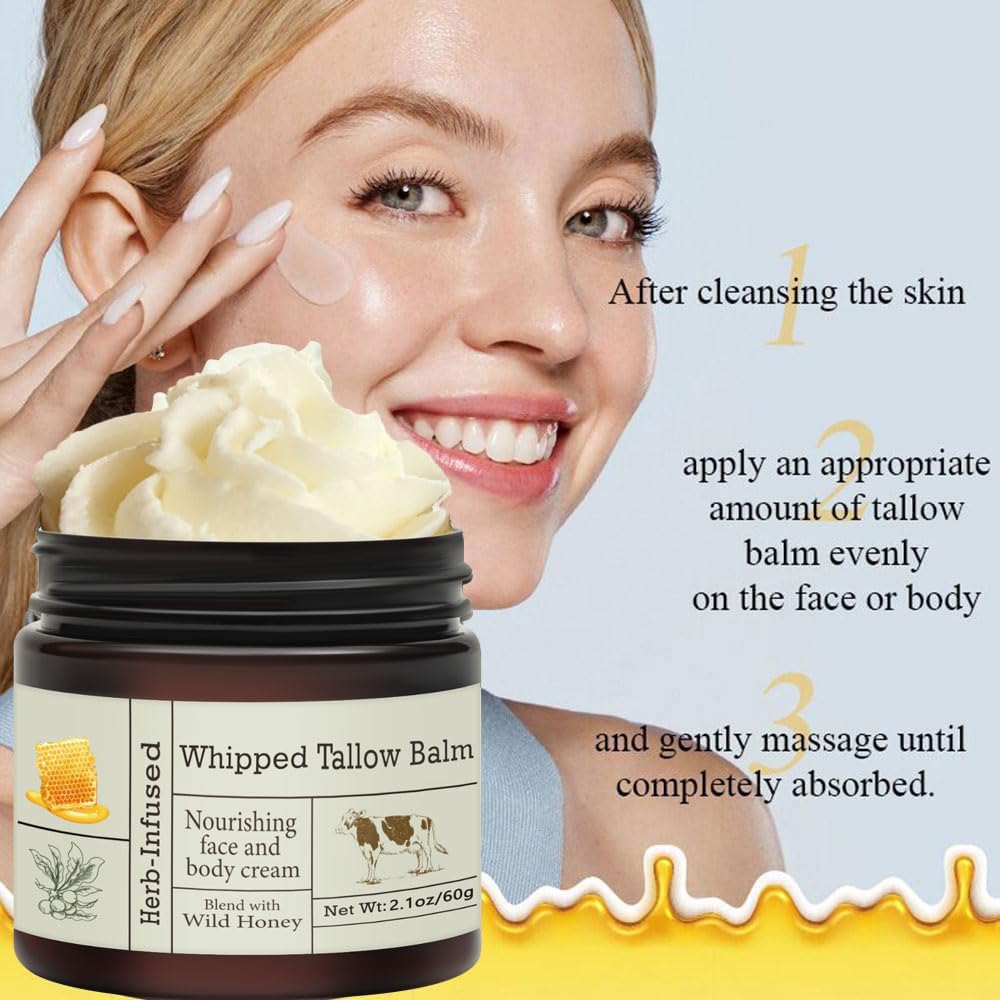 URQT Beef Tallow for Skin - Organic Grass-Fed Whipped Beef Tallow and Honey Balm - Deeply Moisturizing for Face & Body - Natural Skin Care for Soft, Supple Skin