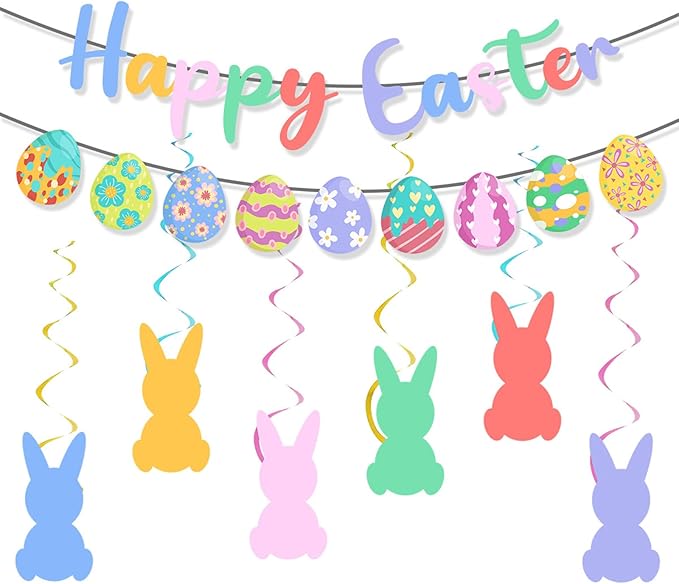 Happy Easter Banner Egg Garland with Bunny Hanging Swirl and Accessories Easter Party Decorations Set for Home Office Mantle Fireplace Indoor Outdoor Classroom Decorations