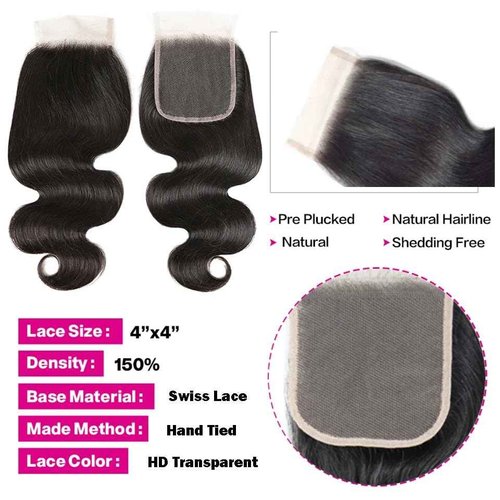 Bundles with Closure Human Hair 16 18 20+14 Inch 100% Unprocessed Brazilian Virgin Hair Extensions 3 Bundles with 4x4 HD Lace Closure Natural Black