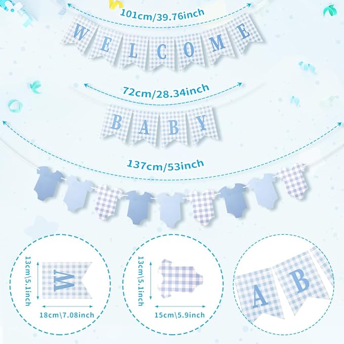 Baby Boy Baby Shower Banner, 2 PCS Pre-strung Blue Gingham Welcome Baby and Body Cloth Banner for Baby Boy Shower Party Decoration (welcome baby-bodysuits)