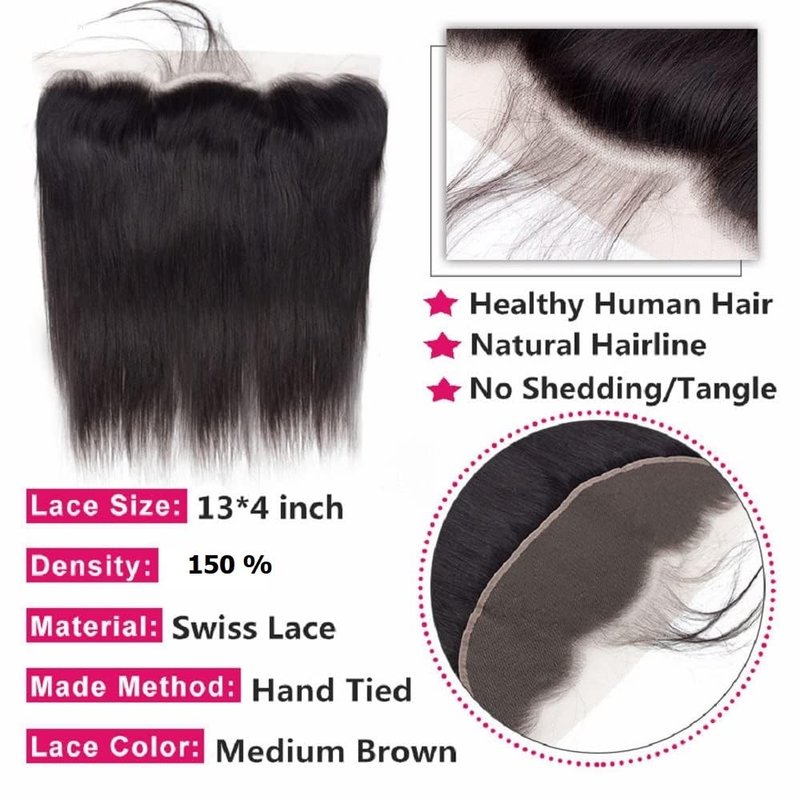 13x4 Lace Frontal Closure Ear to Ear HD Lace Frontal 14 Inch Brazilian Straight Frontal Lace Closure Virgin Human Hair Frontals Natural Black 150% Density