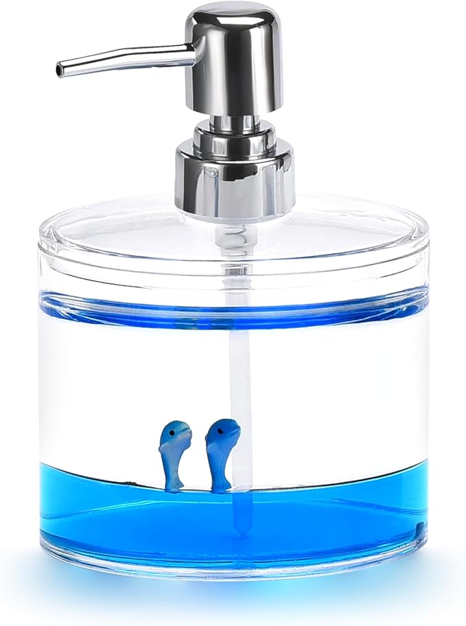 Locco Decor 5 Piece Acrylic Liquid 3D Floating Motion Bathroom Vanity Accessory Set Ocean Cartoon Animal Theme Dolphin Toothbrush Holder, Tumbler, Soap Dispenser, Soap Dish, Toiletbrush Holder Set