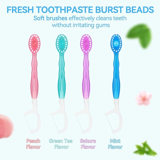 Erinde 5 in 1 Mini Disposable Toothbrushes with Toothpaste + Tongue Scraper + Picks + Floss Travel Case, Prepasted Travel Toothbrushes Pick for Work or Travel, Soft Brushes, 12 Count (Mixed Flavors)