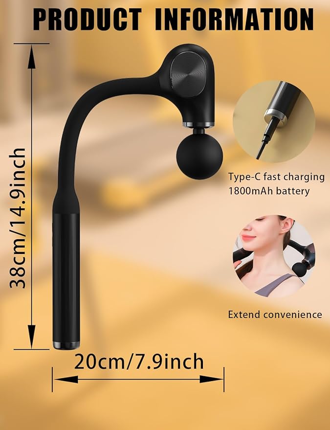 Deep Tissue Massage Gun with Bend Handle, 12MM Percussion, 4 Replaceable Heads, Less-Shock Design for Back, Neck, Foot, Leg, Shoulder