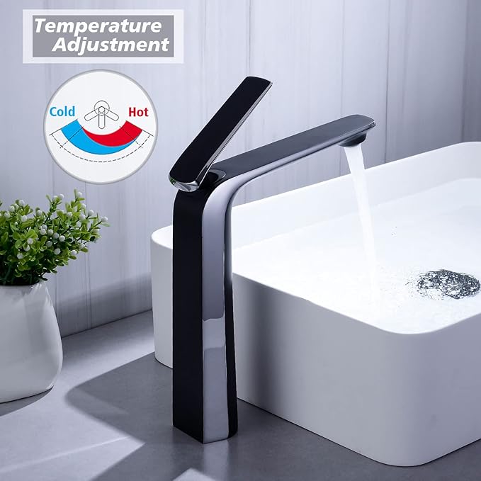 TOCALOCA Tall Bathroom Basin Faucet Matte Black and Silver Chrome, Bathroom Vessel Sink Faucet Brass, Single Handle One Hole Vanity Sink Mixer Tap Faucet for Blow Sink Lavatory, Hot and Cold Water
