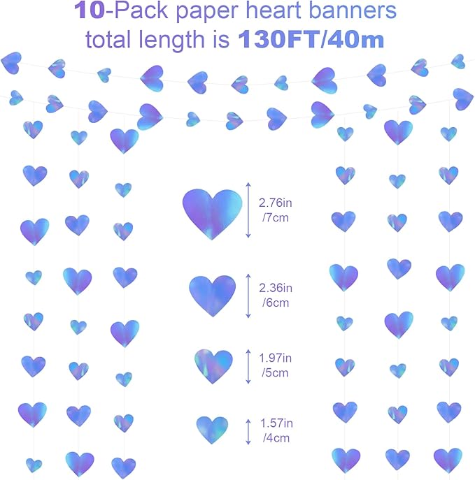 10 Pack 130ft Blue Holographic Heart Party Garland Asymmetrical Love Hanging Banners for Birthday Wedding Decorations Graduation Engagement