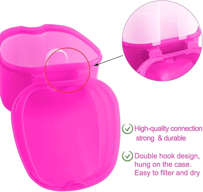 Keedolla 2 Pack Denture Bath Box Cup Retainer Cleaner Case with Strainer Basket, Mouth Guard Cleaning Case Denture Storage Soaking Holder - Black & Rose Red