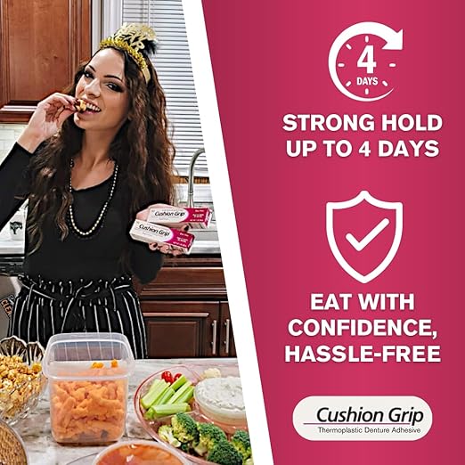 Cushion Grip Thermoplastic Denture Adhesive 1oz (5 Pack)–Extra Strong Hold Up to 4 Days, Unmatched Strength, Waterproof & Zinc Free, Relieves Sore Gums, Comfortable Refit, Long Lasting Denture Refit